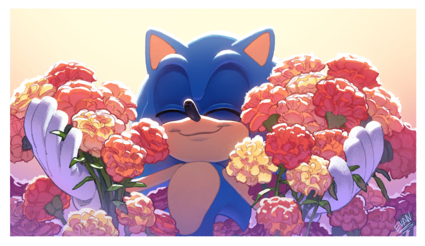 2021 anthro biped black_nose blue_body blue_ears blue_skin clothing digital_media_(artwork) eulipotyphlan evan_stanley eyes_closed flower front_view gloves half-length_portrait handwear hedgehog hi_res male male_anthro mammal plant portrait sega signature simple_background smile solo sonic_the_hedgehog sonic_the_hedgehog_(series) white_clothing white_gloves white_handwear