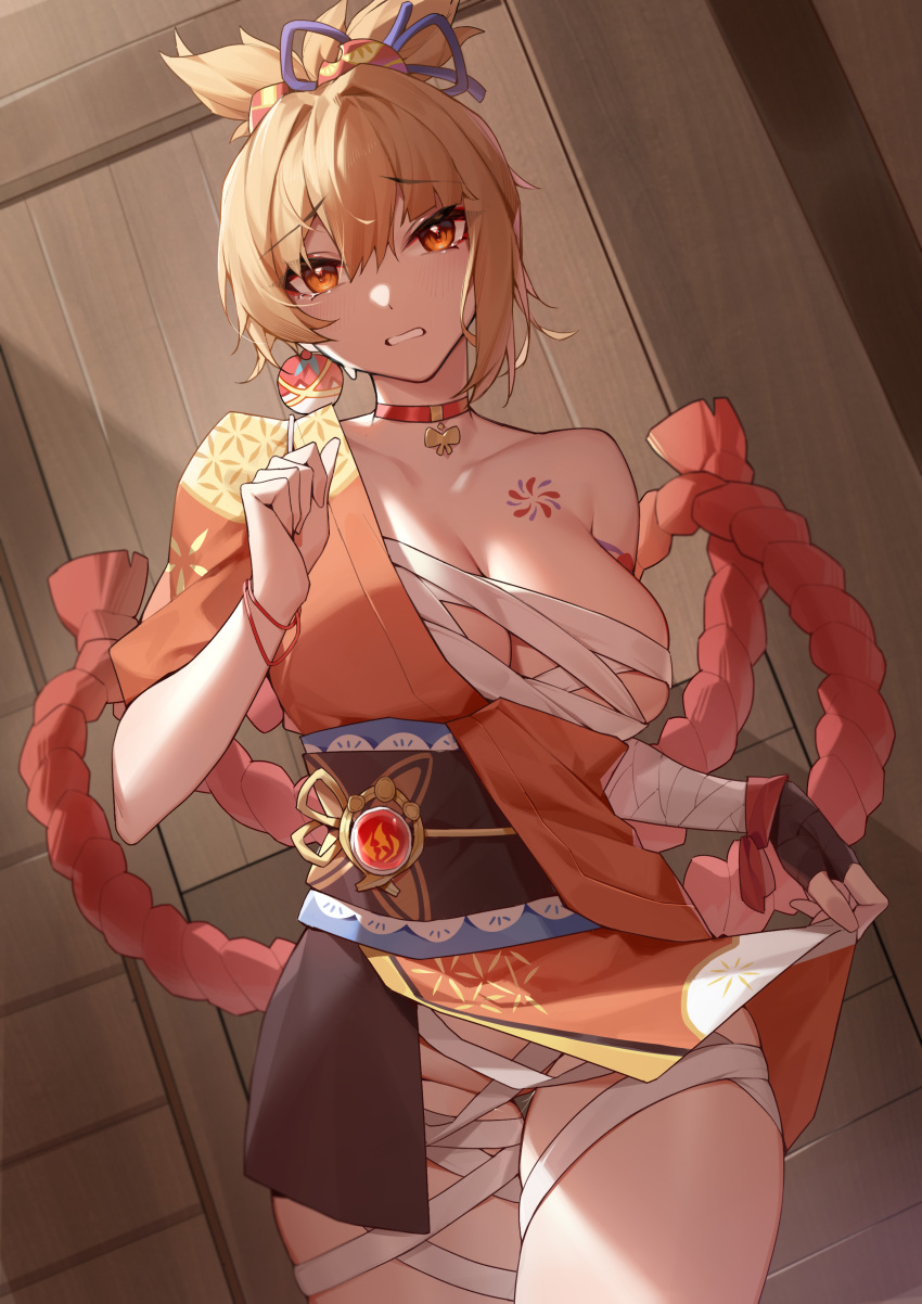 1girl absurdres bandaged_leg bandaged_wrist bandages black_gloves breasts chest_sarashi chest_tattoo choker cleavage clenched_teeth cowboy_shot darling0221 fingerless_gloves flower_tattoo genshin_impact gloves hadanugi_dousa hand_up high_ponytail highres japanese_clothes kimono large_breasts looking_at_viewer orange_eyes orange_kimono pendant_choker raised_eyebrows red_choker rope sarashi shimenawa short_ponytail single_fingerless_glove single_glove solo tattoo teeth thighs vision_(genshin_impact) yoimiya_(genshin_impact)