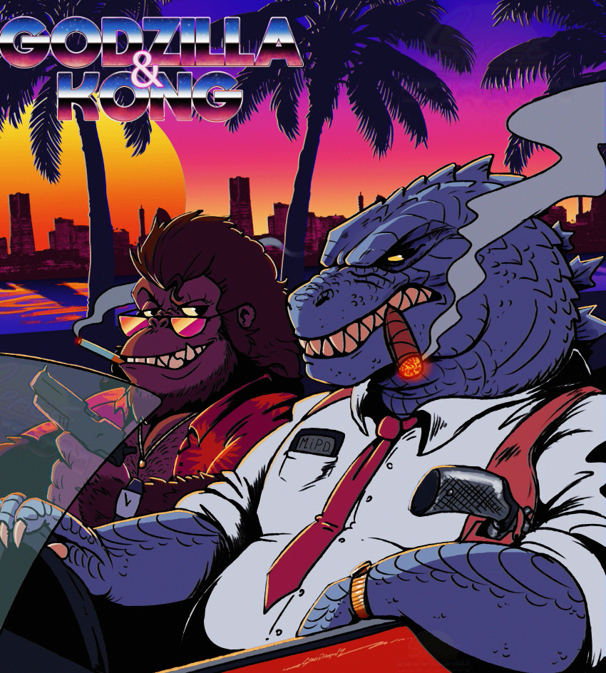 80's_theme absurd_res aloha_shirt anthro ape blue_body brown_body brown_fur car cigar cigar_in_mouth cigarette cigarette_in_mouth city city_background claws clock clothed clothing dress_shirt driving duo eyewear formal_clothing fur godzilla godzilla_(series) godzilla_vs._kong gun haplorhine hi_res jewelry kaiju king_kong king_kong_(series) looking_at_viewer male mammal necklace necktie object_in_mouth open_clothing open_shirt open_topwear palm_tree pattern_clothing pattern_shirt pattern_topwear plant police primate ranged_weapon shirt smile smiling_at_viewer spacedragon14 sunglasses sunset text toho topwear tree vehicle watch weapon wristwatch yellow_sclera