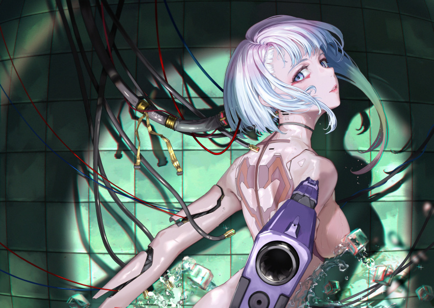1girl absurdres android blush breasts convenient_censoring cyberpunk_(series) cyberpunk_edgerunners from_behind grey_hair gun highres ice ice_cube looking_at_viewer looking_back lucy_(cyberpunk) mechanical_parts medium_breasts nude parted_lips short_hair smile solo tile_wall tiles tooku0 upper_body weapon wire