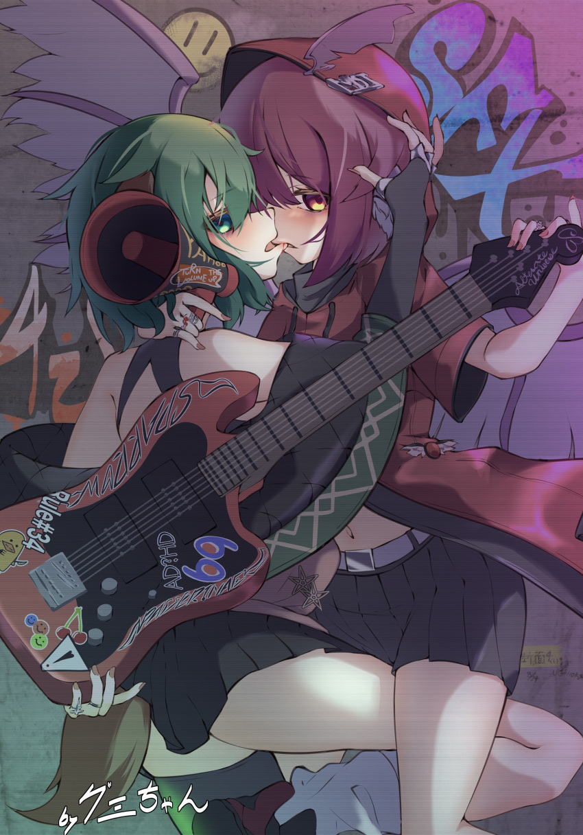 2girls absurdres animal_ears bird_ears bird_wings biting_another's_lip black_gloves blood blush brown_headwear choujuu_gigaku dog_ears fingerless_gloves fingernails gloves green_eyes green_hair gumi_9357 hair_between_eyes hat highres kasodani_kyouko multiple_girls mystia_lorelei nail_polish open_mouth pink_hair pink_nails short_hair touhou white_wings winged_hat wings yellow_eyes yuri