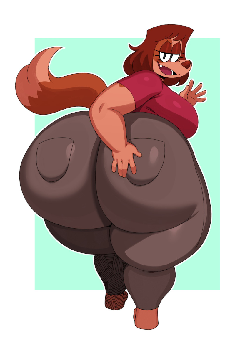 absurd_res anthro big_breasts big_butt bottomwear breasts brown_body brown_fur brown_tail butt canid canine canis clothed clothing digital_media_(artwork) domestic_dog female fur hair half-closed_eyes hand_on_butt hi_res huge_butt looking_at_viewer looking_back looking_back_at_viewer mammal narrowed_eyes nikki_(galactabee) open_mouth open_smile pants pockets shirt simple_background smile solo sssonic2 tail thick_thighs topwear wide_hips