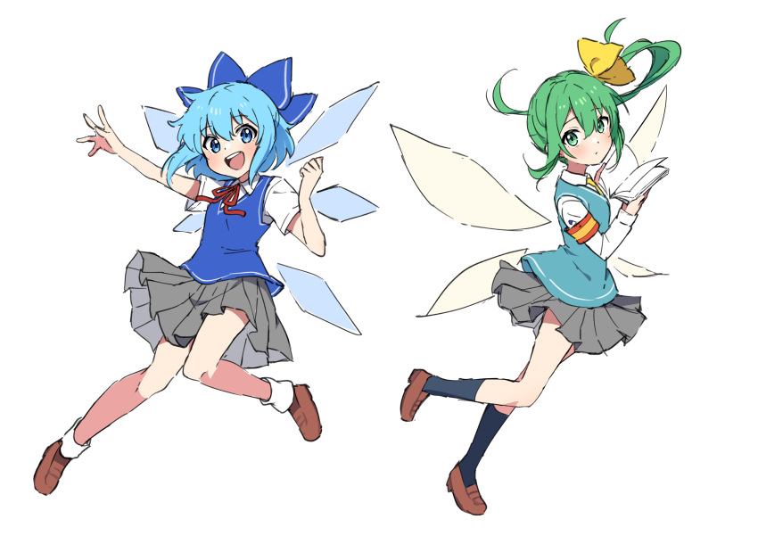 2girls :d absurdres alternate_costume bangs black_socks blue_bow blue_eyes blue_hair blue_vest bow brown_footwear cirno commentary_request daiyousei detached_wings fairy fairy_wings full_body green_eyes green_hair grey_skirt hair_bow highres ice ice_wings looking_at_viewer miz_(mizillustration) multiple_girls open_mouth pleated_skirt shirt short_hair short_sleeves side_ponytail skirt smile socks teeth touhou upper_teeth_only vest white_shirt white_socks wings