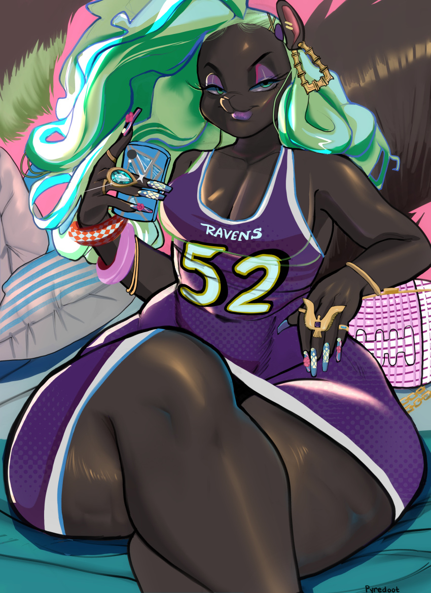 absurd_res anthro basketball_jersey black_body black_fur breasts cellphone cellulite cleavage clothed clothing colored_nails crossed_legs curvy_figure eyeshadow female fur ghetto green_hair hair hi_res huge_hips huge_thighs lips makeup mammal medium_breasts nails pear-shaped_figure phone pyredaemos rodent sciurid solo squigga thick_bottom_lip thick_calves thick_thighs tree_squirrel wavy_hair wide_hips