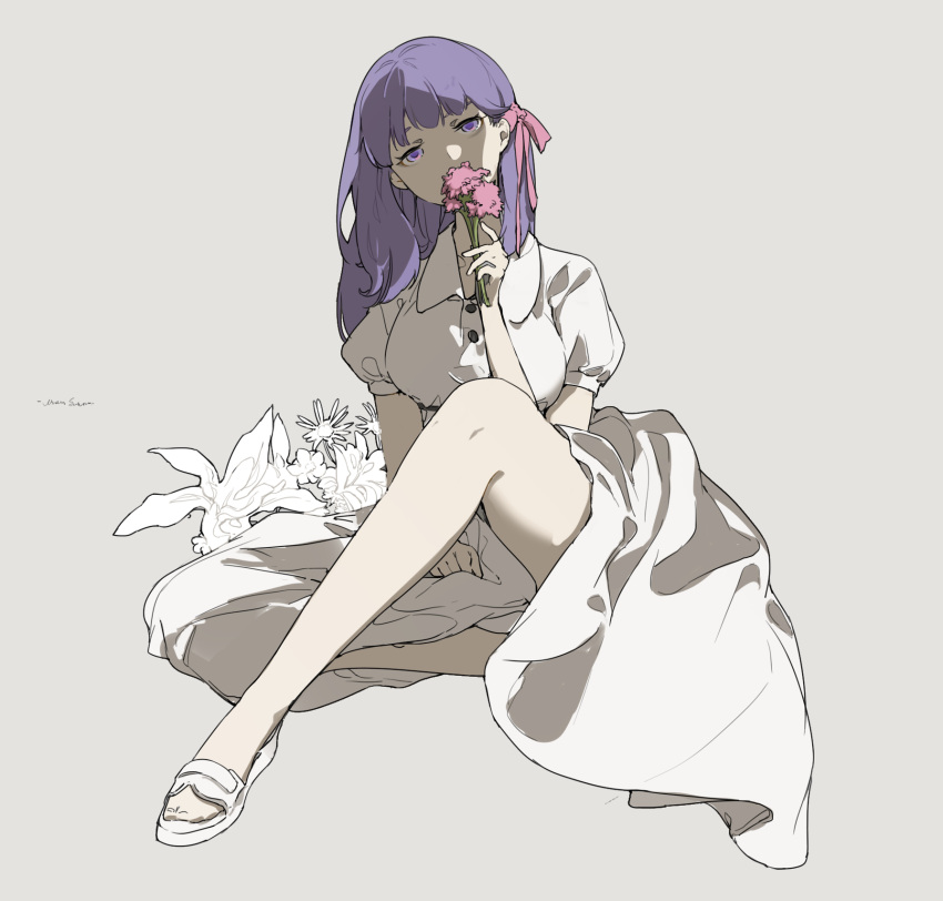 1girl bow breasts collared_dress covered_mouth dress fate/stay_night fate_(series) flower full_body grey_background hair_bow head_tilt highres holding holding_flower knee_up legs long_hair matou_sakura medium_breasts pink_bow pink_flower puffy_short_sleeves puffy_sleeves purple_eyes purple_hair sandals shinnasuka025 short_sleeves signature simple_background solo white_dress white_flower white_footwear