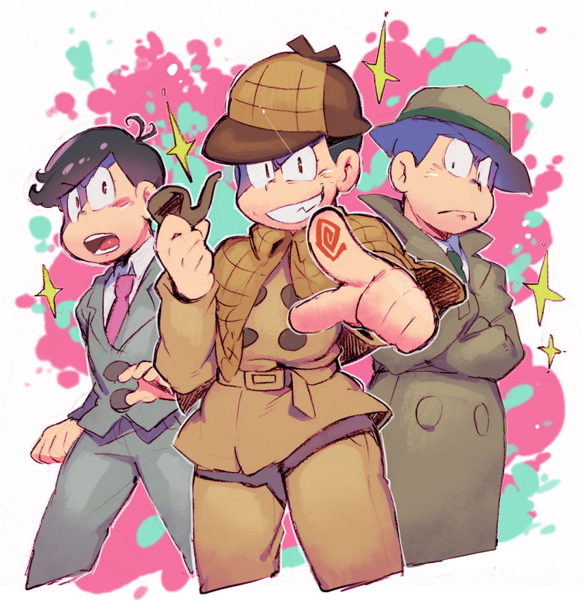 3boys black_hair brothers deerstalker detective fingerprint formal grey_suit grin hat highres looking_at_viewer matsuno_choromatsu matsuno_osomatsu matsuno_todomatsu multiple_boys official_alternate_costume osomatsu-san plaid_capelet pointing pointing_at_viewer sanjiro_(tenshin_anman) shaded_face siblings smile suit trench_coat