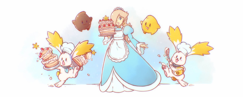 1girl 2boys apron blue_dress blue_eyes blue_neckerchief bowl cake chef_hat commentary dress earrings english_commentary food hair_over_one_eye hat highres holding holding_bowl holding_cake holding_food holding_whisk jewelry long_hair looking_at_viewer luma_(mario) mario_(series) multiple_boys neckerchief open_mouth rosalina saiwoproject simple_background star_bunny whisk