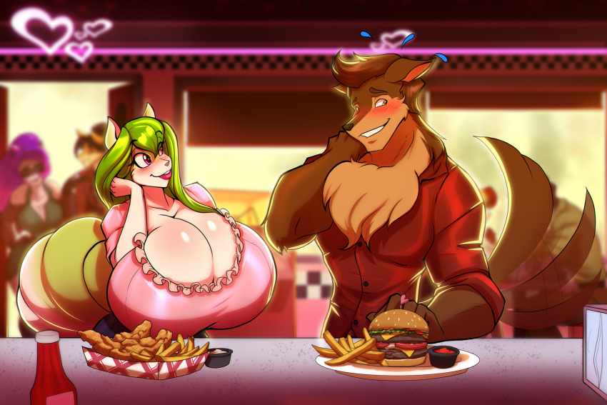 &lt;3 anthro big_breasts big_tail breasts brown_body brown_fur brown_hair burger canid canine canis chest_tuft cleavage clothed clothing diner duo female food fox fries fur green_hair hair hi_res holidays huge_breasts ketchup long_hair looking_at_another male male/female mammal red_clothing red_shirt red_topwear shirt tail tail_motion tailwag topwear toughset tuft valentine's_day wolf