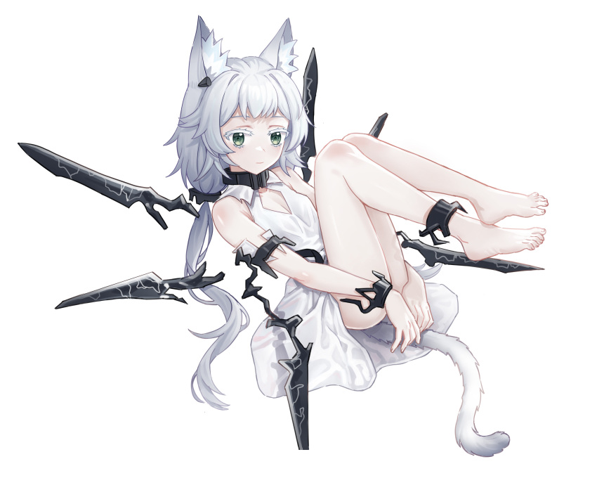 1girl absurdres animal_ear_fluff animal_ears arknights ass bare_legs bare_shoulders barefoot bestramos breasts cat_ears cat_girl cat_tail cleavage cleavage_cutout closed_mouth clothing_cutout colored_eyelashes commentary_request dress feet full_body green_eyes grey_hair highres legs legs_up long_hair looking_at_viewer official_alternate_costume rosmontis_(arknights) rosmontis_(become_anew)_(arknights) simple_background sleeveless sleeveless_dress small_breasts solo tail toenails toes very_long_hair white_background white_dress