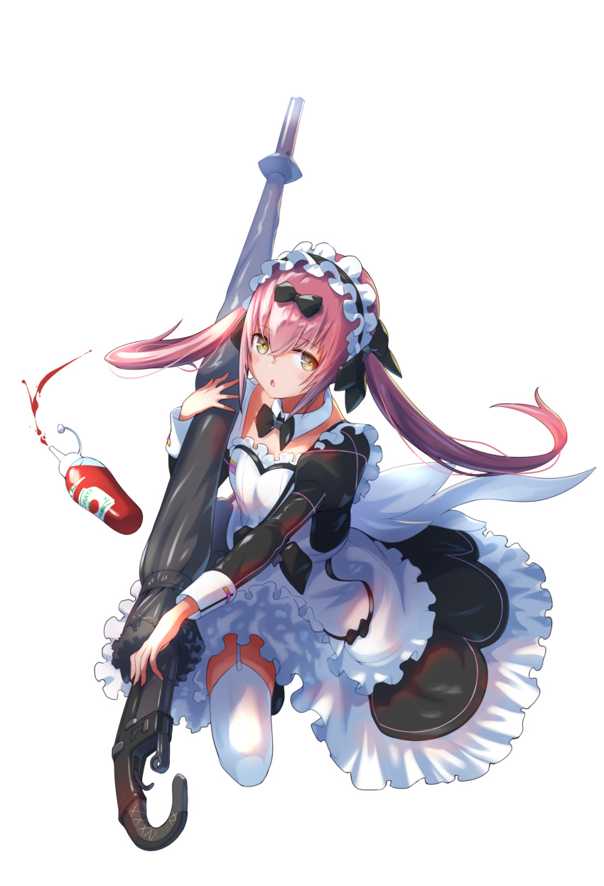1girl absurdres apron black_bow black_bowtie black_dress blush bottle bow bowtie breasts chestnut_mouth cocoa_(nikke) commentary detached_collar dress floating_hair frilled_dress frilled_hairband frills full_body fune_(fune93ojj) garter_straps goddess_of_victory:_nikke gun hair_between_eyes hair_bow hairband highres holding holding_gun holding_umbrella holding_weapon juliet_sleeves ketchup kneeling long_hair long_sleeves looking_at_viewer maid maid_apron maid_headdress parted_lips pink_hair puffy_sleeves simple_background small_breasts solo thighhighs twintails umbrella umbrella_gun weapon white_apron white_background white_thighhighs yellow_eyes