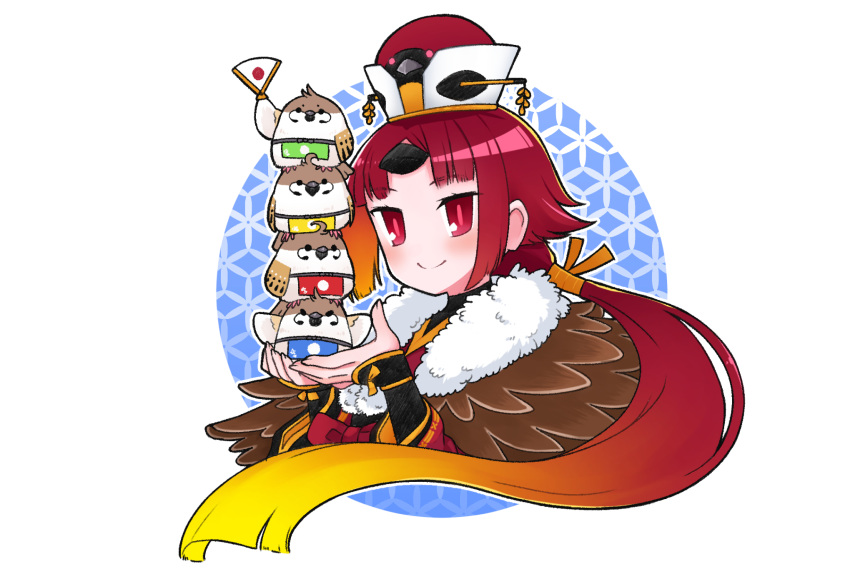 1girl animal ayakoto_aroeriina benienma_(fate) bird bird_girl blush fate/grand_order fate_(series) fingernails gradient_hair hand_fan hat highres holding holding_animal holding_bird holding_fan japanese_flag long_hair multicolored_hair no_nose ponytail red_eyes red_hair simple_background smile solo sparrow white_background white_headwear