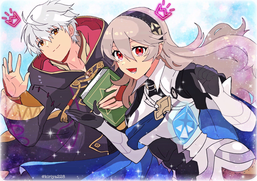 1boy 1girl armor bangs black_gloves black_hairband black_robe blue_cape book bridal_gauntlets brown_eyes cape closed_mouth commentary_request corrin_(female)_(fire_emblem) corrin_(fire_emblem) dragonstone fire_emblem fire_emblem_awakening fire_emblem_fates fire_emblem_heroes gem gloves grey_hair hair_between_eyes hairband highres holding holding_book hood hood_down hooded_robe kiriya_(552260) long_hair long_sleeves looking_at_viewer open_mouth pointy_ears red_eyes robe robin_(fire_emblem) robin_(male)_(fire_emblem) short_hair smile twitter_username white_hair