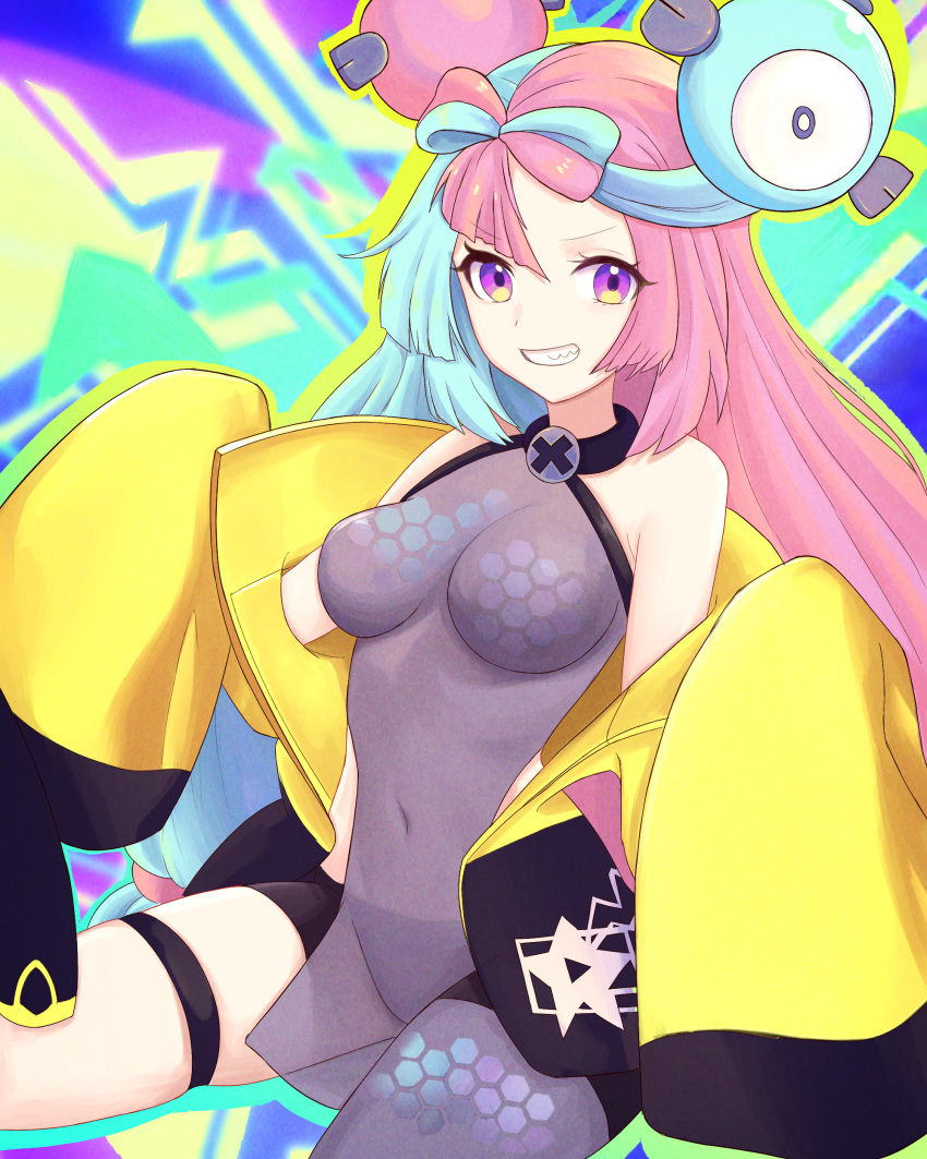 1girl absurdres aqua_hair breasts character_hair_ornament covered_navel hair_ornament highres iono_(pokemon) jacket long_sleeves looking_at_viewer multicolored_hair open_clothes oversized_clothes pink_eyes pink_hair pokemon pokemon_(game) pokemon_sv sharp_teeth smile star_(symbol) teeth thigh_strap truejekart twintails two-tone_hair v-shaped_eyebrows yellow_jacket