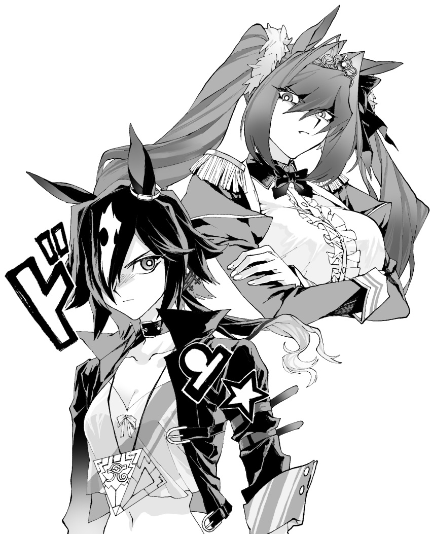 2girls animal_ears bow bowtie breasts center_frills cleavage closed_mouth collar crop_top cropped_jacket cropped_torso crossed_arms daiwa_scarlet_(umamusume) epaulettes fang frills frown greyscale hair_intakes hair_over_one_eye highres horse_ears jacket jewelry juliet_sleeves large_breasts long_hair long_sleeves looking_at_viewer low_ponytail millennium_puzzle monochrome multiple_girls navel necklace ni_kogori open_clothes open_jacket puffy_sleeves shirt small_breasts takahashi_kazuki_(style) tiara twintails umamusume upper_body vodka_(umamusume) yu-gi-oh!