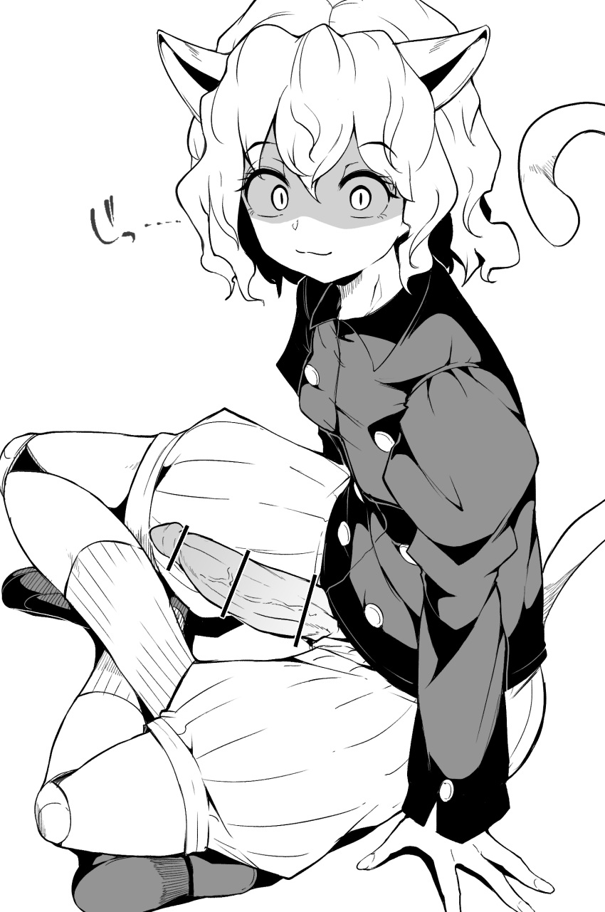 1girl androgynous animal_ears bar_censor breasts cat_ears cat_tail censored doll_joints erection futanari greyscale highres hunter_x_hunter indian_style joints makin_tama monochrome neferpitou penis shaded_face sitting small_breasts smile solo tail