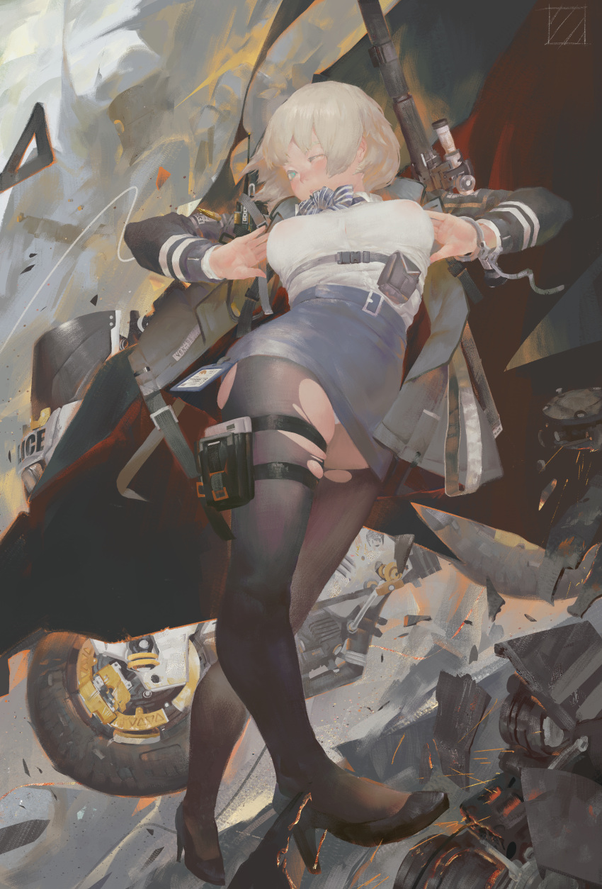 1girl absurdres bangs black_pantyhose blue_bow blue_bowtie blue_eyes blue_skirt bow bowtie breasts collared_shirt cuffs full_body girls'_frontline gun hair_between_eyes hair_ornament handcuffs high_heels highres holding holding_gun holding_weapon ji_gudi large_breasts long_sleeves one_eye_closed panties pantyhose shirt shirt_tucked_in short_hair skirt snap-fit_buckle snowflake_hair_ornament solo standing striped striped_bow striped_bowtie taut_clothes taut_skirt thigh_pouch torn_clothes torn_pantyhose underwear vsk-94_(girls'_frontline) weapon white_panties white_shirt