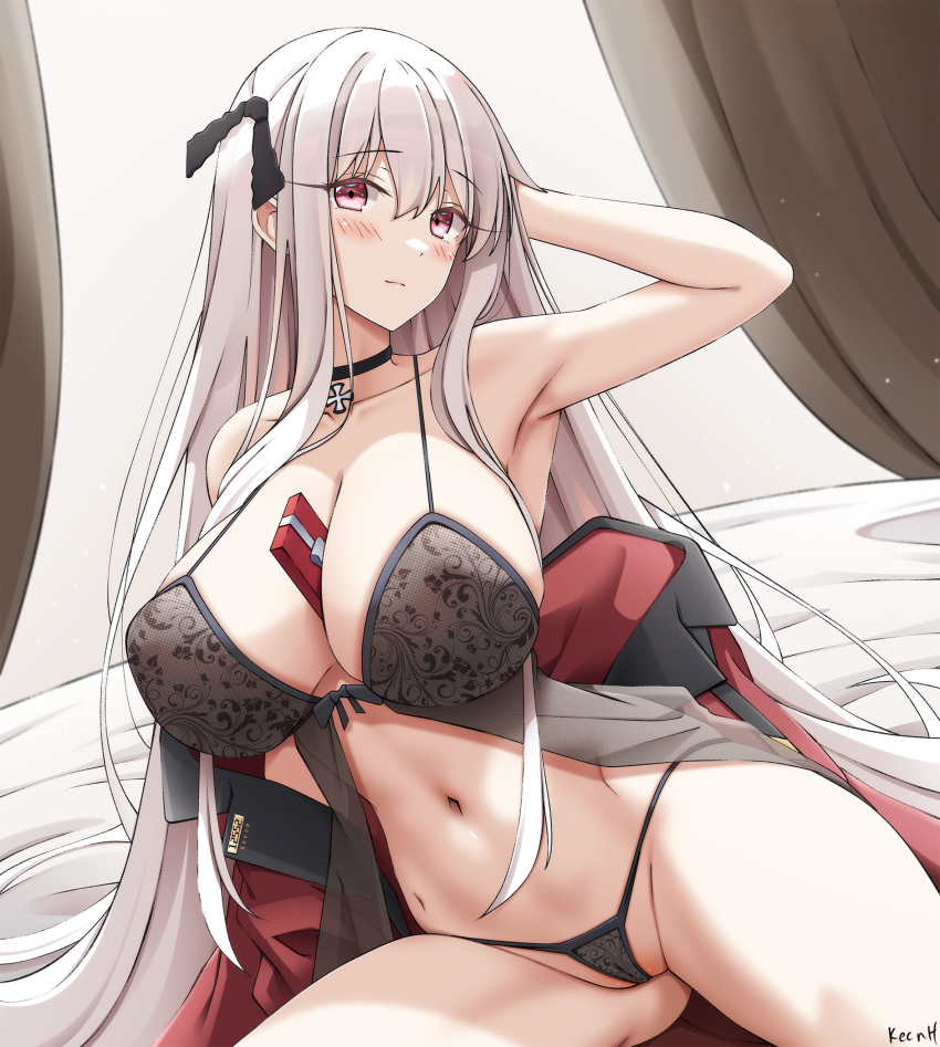 1girl arm_up armpits babydoll bare_arms bare_shoulders between_breasts black_choker box breasts cameltoe choker cleavage covered_nipples front-tie_top gift gift_box girls'_frontline grey_babydoll grey_panties hair_ribbon hand_in_own_hair highres jacket kar98k_(girls'_frontline) keenh large_breasts long_hair looking_at_viewer navel object_on_breast off_shoulder panties pink_eyes red_jacket ribbon solo spaghetti_strap stomach string_panties thighs underwear very_long_hair white_hair