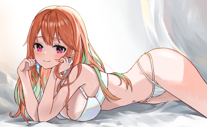 1girl absurdres bare_arms blush bra breasts cleavage closed_mouth elbow_rest eyelashes feet_out_of_frame gradient_hair green_hair hair_between_eyes head_on_hand highres hololive hololive_english lace-trimmed_bra lace_trim long_hair looking_at_viewer lying medium_breasts midriff multicolored_hair nail_polish narrow_waist navel on_side orange_hair orange_nails oruka_oru panties pink_eyes smile solo takanashi_kiara two-tone_hair underwear underwear_only white_bra white_panties wide_hips