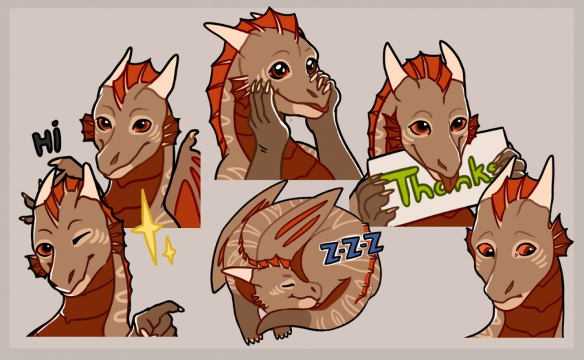 ambiguous_gender blep brown_body dipstick_tail dragon eyes_closed feral frill_(anatomy) grey_background head_crest head_frill holding_object holding_sign looking_aside markings mouth_closed neck_markings one_eye_closed red_body red_eyes red_frill red_scales red_tongue roobin scales scalie sign simple_background sleeping solo sound_effects sticker tail tail_markings tan_markings tongue tongue_out vowelless vowelless_sound_effect zzz