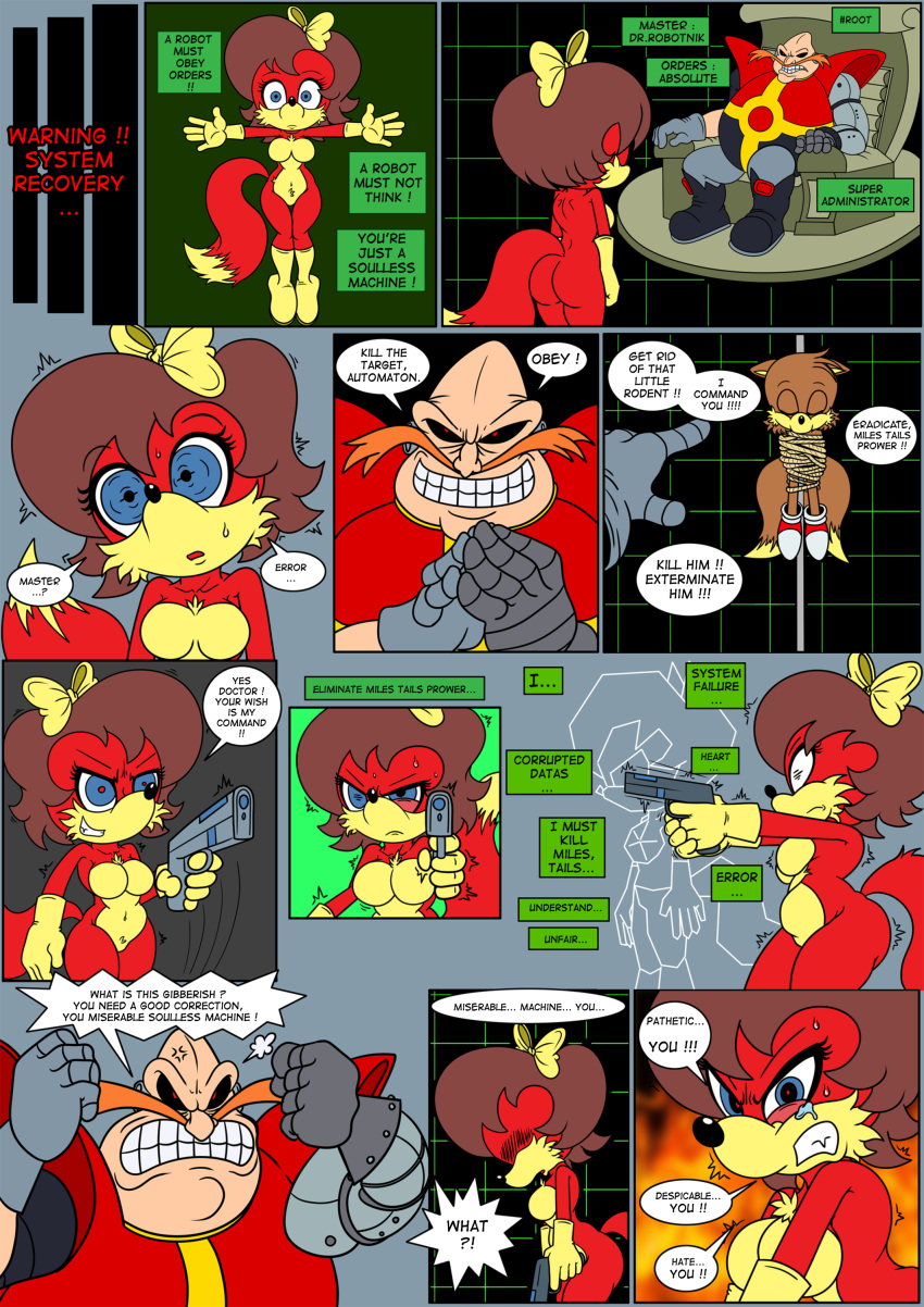 absurd_res anthro archie_comics auto-fiona automaton canid canine canis comic dialogue domestic_dog english_text female fiona_fox fox hi_res machine male mammal miles_prower nipple_outline raianonzika robot sega sonic_the_hedgehog_(archie) sonic_the_hedgehog_(comics) sonic_the_hedgehog_(series) text