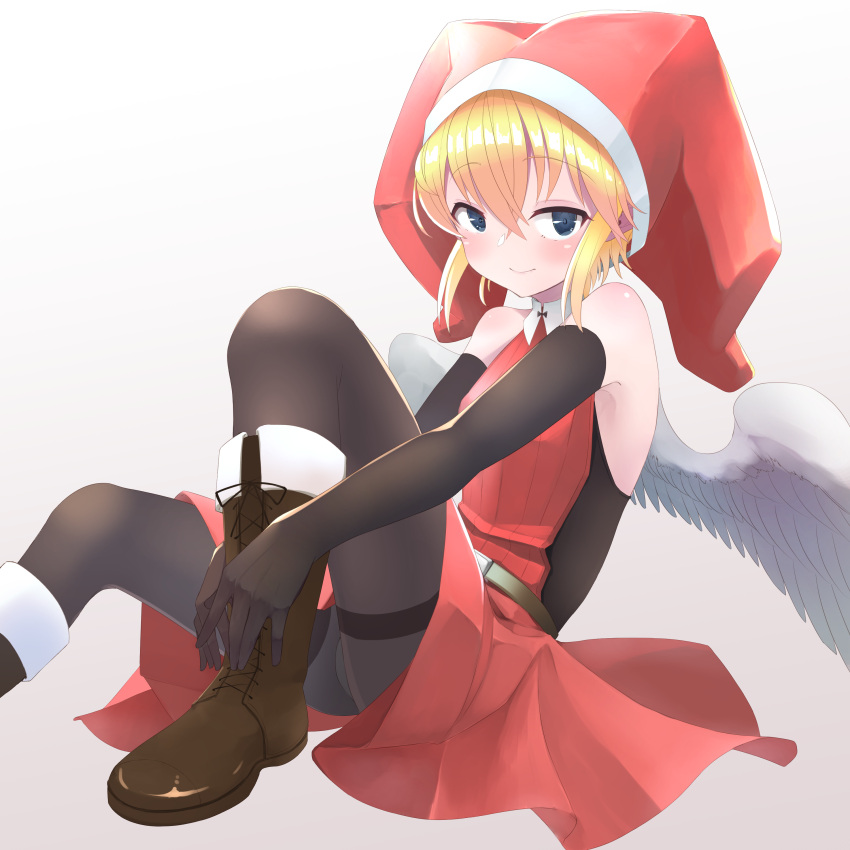 1boy absurdres alternate_color androgynous angel_wings bare_shoulders black_pantyhose blonde_hair blue_eyes blush brown_footwear brown_gloves christmas doro9363 dress elbow_gloves elona feathered_wings gloves hat highres jester_cap kumiromi_of_harvest looking_at_viewer medium_hair otoko_no_ko pantyhose red_dress sitting white_wings wings