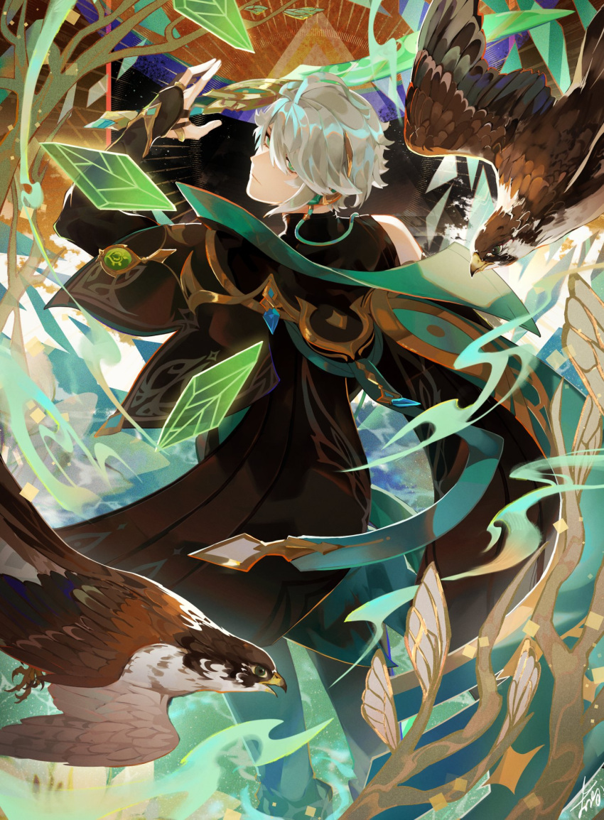 1boy ahoge alhaitham_(genshin_impact) arm_up bangs bird black_gloves black_pants black_shirt blue_gemstone branch cable cape closed_mouth commentary_request crystal elbow_gloves expressionless gem genshin_impact gloves gold_trim green_cape green_eyes grey_hair hair_over_one_eye hawk highres looking_at_viewer looking_back male_focus nanora_(sero4) pants parted_bangs partially_fingerless_gloves shirt short_hair shoulder_cape sidelocks signature sleeveless sleeveless_shirt smoke solo standing swept_bangs vision_(genshin_impact)