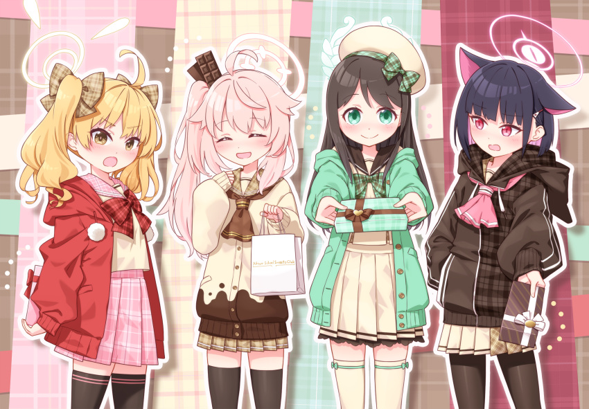 4girls :d ^_^ ahoge airi_(blue_archive) bag bangs beret black_hair black_jacket black_sailor_collar black_thighhighs blonde_hair blue_archive blush bow box brown_bow brown_eyes brown_headwear brown_sailor_collar brown_shirt brown_skirt brown_thighhighs cardigan chocolate_hair_ornament closed_eyes closed_mouth commentary_request drawstring gift gift_bag gift_box green_eyes hair_between_eyes hair_bow halo harada_(sansei_rain) hat highres holding holding_bag holding_gift hood hood_down hooded_jacket jacket kazusa_(blue_archive) multicolored_hair multiple_girls natsu_(blue_archive) outline paper_bag pink_hair pink_sailor_collar pink_skirt plaid plaid_bow plaid_sailor_collar plaid_skirt pleated_skirt purple_eyes red_jacket sailor_collar shirt side_ponytail skirt smile thighhighs tilted_headwear twintails two-tone_hair wavy_mouth white_cardigan white_outline yoshimi_(blue_archive)