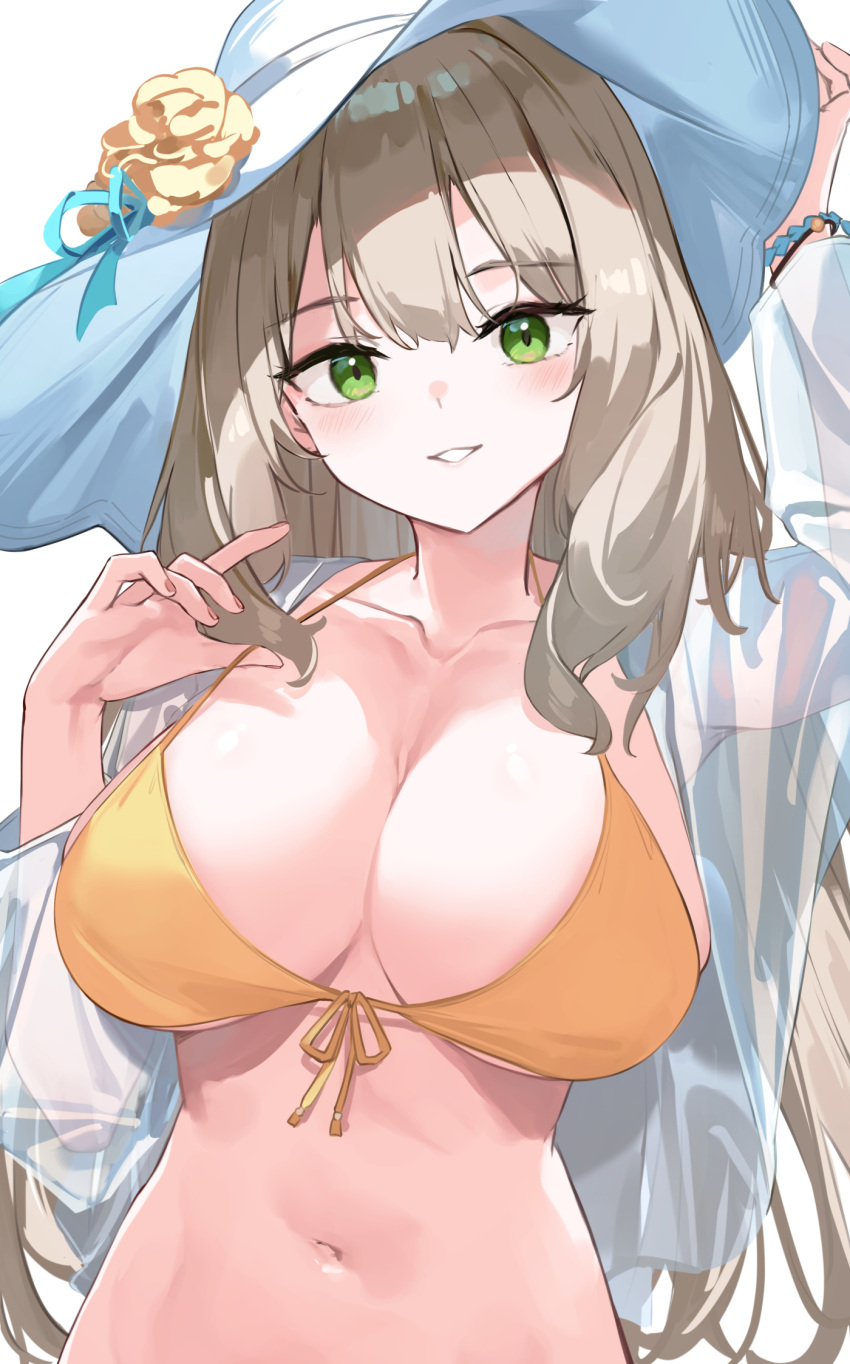 1girl 7gao arm_up armpits bead_bracelet beads bikini blue_archive bracelet breasts brown_hair cleavage collarbone flower front-tie_bikini_top front-tie_top green_eyes halterneck hand_up hat hat_flower highres jewelry large_breasts long_hair looking_at_viewer navel nonomi_(blue_archive) nonomi_(swimsuit)_(blue_archive) open_clothes see-through smile solo stomach strap_pull string_bikini sun_hat swimsuit upper_body white_headwear yellow_bikini