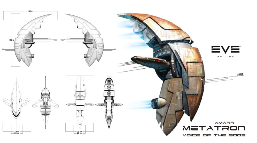 3d amarr_empire_(eve_online) commentary concept_art copyright_name english_text eve_online flying frigate_(eve_online) from_above from_behind from_below from_side heineche highres logo military military_vehicle multiple_views no_humans original radio_antenna science_fiction simple_background spacecraft thrusters vehicle_focus white_background