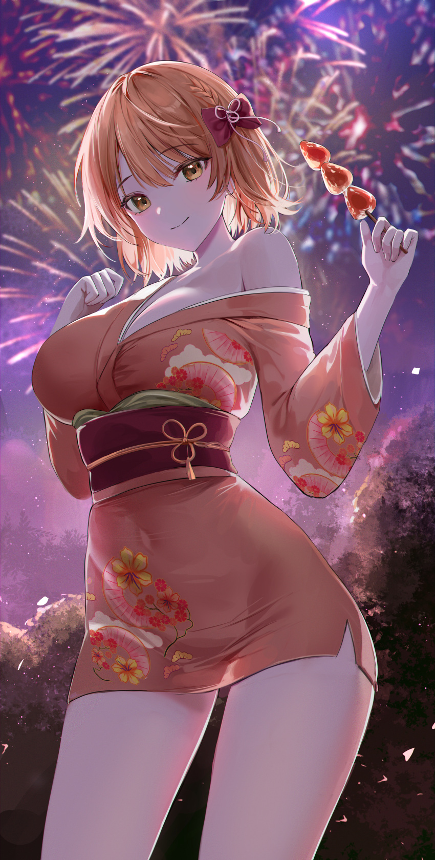 1girl absurdres aerial_fireworks bow braid breasts brown_eyes closed_mouth commission contrapposto covered_navel cowboy_shot fireworks floral_print food hair_bow hands_up highres holding holding_food isshiki_iroha japanese_clothes kimono large_breasts lillly looking_at_viewer orange_hair outdoors pixiv_commission print_kimono red_bow short_hair short_kimono single_bare_shoulder sky smile solo thighs yahari_ore_no_seishun_lovecome_wa_machigatteiru. yukata