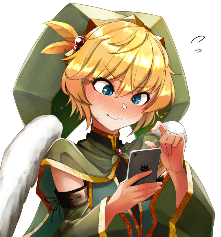 1boy androgynous angel_wings blonde_hair blue_eyes blush cellphone detached_sleeves doro9363 elona feathered_wings green_headwear green_sleeves hat highres holding holding_phone jester_cap kumiromi_of_harvest looking_at_phone medium_hair otoko_no_ko phone smartphone white_wings wings