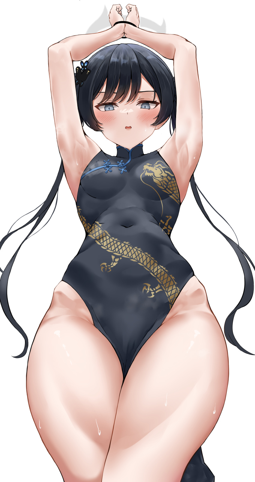 1girl absurdres armpits arms_up bangs bare_shoulders black_dress black_gloves black_hair blue_archive blush braid braided_bun breasts butterfly_hair_ornament china_dress chinese_clothes covered_navel double_bun dragon_print dress gloves grey_eyes hair_bun hair_ornament half_gloves halo highres kisaki_(blue_archive) lds_(dstwins97) long_hair looking_at_viewer open_mouth pelvic_curtain restrained revision short_dress side_slit small_breasts solo thighs twintails white_background
