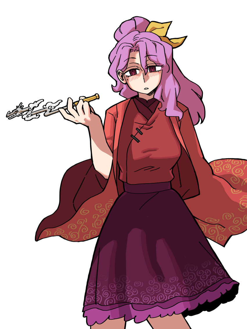 1girl absurdres bangs eddybird55555 english_commentary highres holding holding_smoking_pipe kiseru komakusa_sannyo looking_at_viewer medium_hair mole mole_under_eye ponytail purple_eyes purple_hair purple_skirt red_robe ringed_eyes robe simple_background skirt smoke smoking_pipe solo touhou white_background