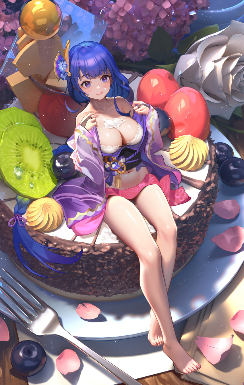1girl :q absurdres bangs bare_legs bare_shoulders barefoot black_sash blue_hair blueberry braid braided_ponytail bridal_gauntlets cake cherry chocolate_cake collarbone cream_on_body cream_on_breasts feet flower food food_on_body fork from_above fruit full_body genshin_impact hair_flower hair_ornament highres japanese_clothes kimono kiwi_(fruit) kiwi_slice leaf legs licking_lips long_hair looking_at_viewer looking_up mole mole_under_eye navel off_shoulder open_clothes open_kimono petals purple_eyes raiden_shogun rose sash sidelocks single_braid sitting solo stomach thighs toes tongue tongue_out very_long_hair vision_(genshin_impact) white_flower white_rose zame_(960944453)
