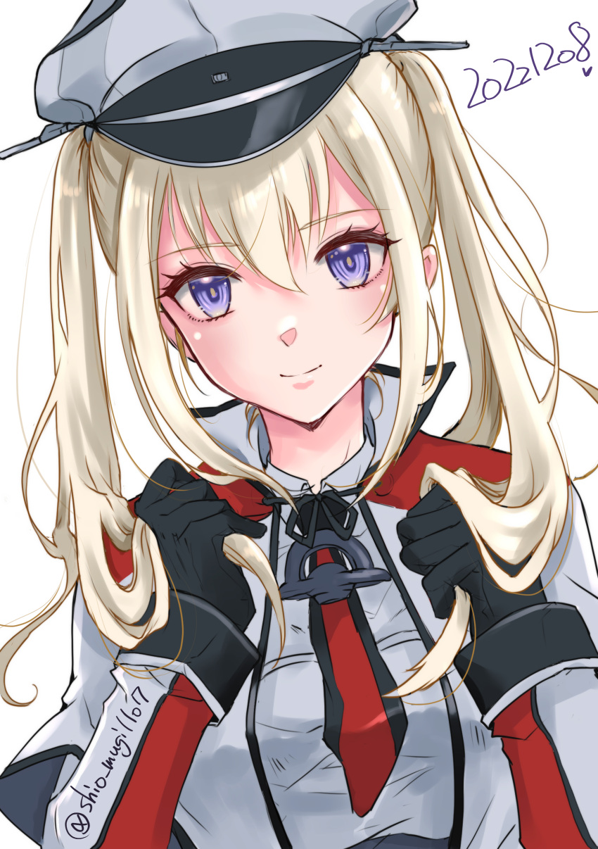 1girl absurdres bangs black_gloves blonde_hair capelet dated gloves graf_zeppelin_(kancolle) hair_between_eyes hat highres kantai_collection long_hair long_sleeves looking_at_viewer peaked_cap purple_eyes shio_mugi1107 sidelocks simple_background solo twintails twitter_username upper_body white_background white_capelet white_headwear