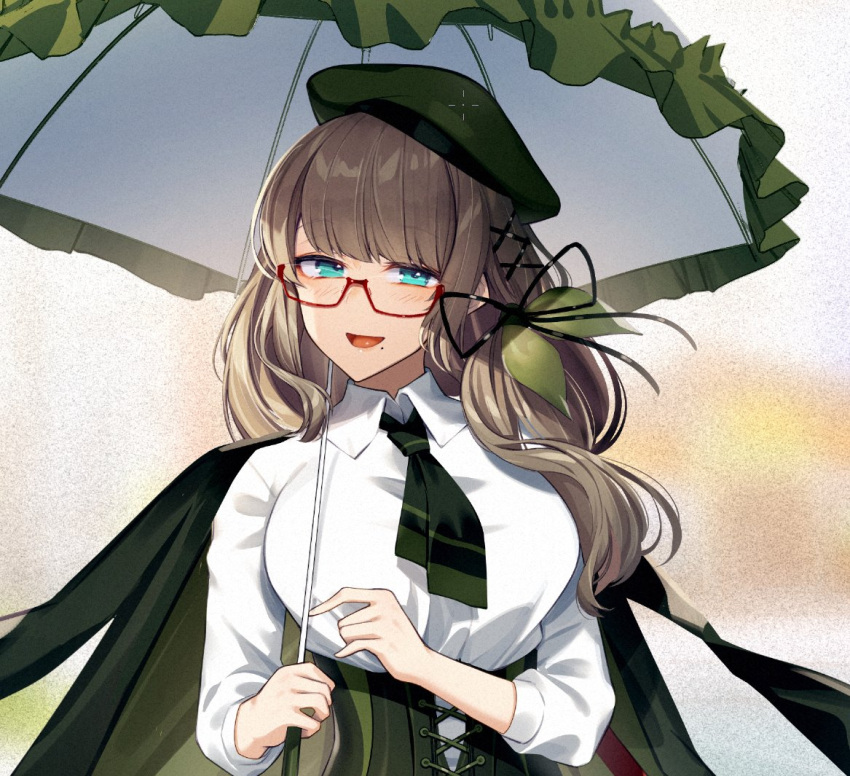 1girl bangs blue_eyes breasts brown_hair cluseller corset glasses half-closed_eyes hat hinamizawa_kurumi jacket jacket_on_shoulders large_breasts long_hair looking_at_viewer mole mole_under_mouth open_mouth parasol pygmalion._(group) red-framed_eyewear semi-rimless_eyewear umbrella under-rim_eyewear upper_body virtual_youtuber