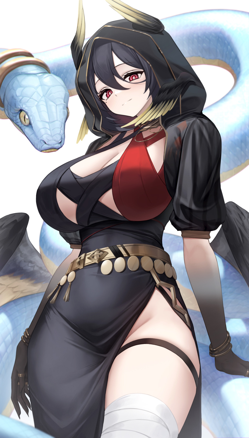 1girl absurdres alchemy_stars bandaged_leg bandages black_dress black_hair black_wings bracelet breasts cleavage closed_mouth dress g_home hair_between_eyes highres hood jeriah_(alchemy_stars) jewelry large_breasts looking_at_viewer mole mole_under_eye red_eyes short_hair simple_background snake solo thigh_strap thighs white_background wings