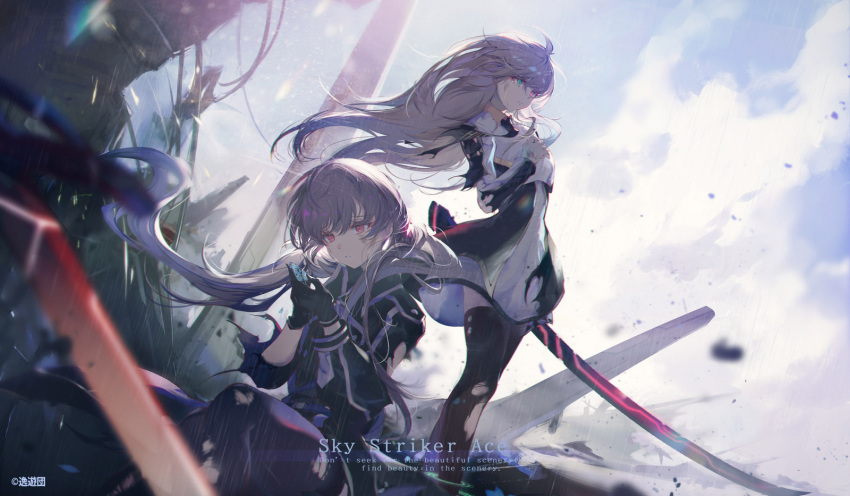 2girls black_necktie blonde_hair collared_dress cowlick dress duel_monster gloves glowing glowing_sword glowing_weapon green_eyes grey_hair heterochromia highres holding holding_sword holding_weapon kanaria_(fuusenkazura) long_hair long_sword long_tail low_twintails military military_uniform multiple_girls necktie pantyhose red_eyes sky_striker_ace_-_raye sky_striker_ace_-_roze sword tail thighhighs twintails two-tone_dress uniform weapon yu-gi-oh!