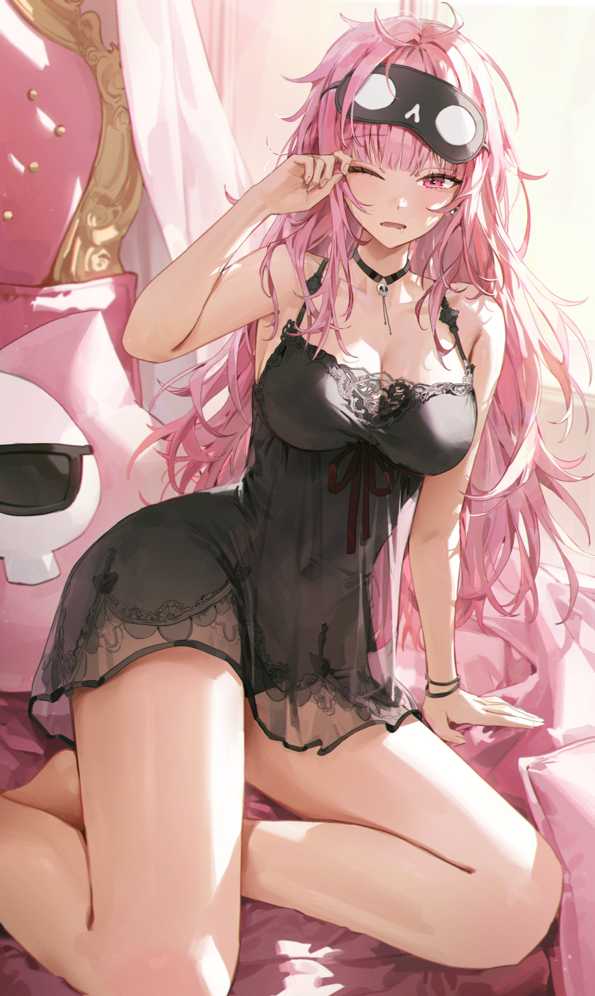 1girl absurdres arm_support bare_arms bare_legs bare_shoulders barefoot bed black_choker black_dress black_nightgown black_panties bracelet breasts choker cleavage commentary curtains death-sensei_(mori_calliope) dress drooling earrings eye_mask eyewear_on_head foot_out_of_frame hand_up highres hololive hololive_english jewelry kellymonica02 large_breasts legs long_hair looking_at_viewer messy_hair mori_calliope nightgown official_alternate_costume one_eye_closed panties pillow pink_eyes pink_hair red_ribbon ribbon rubbing_eyes saliva see-through sitting skull_earrings sleep_mask sleeveless sleeveless_dress thighs underwear very_long_hair virtual_youtuber waking_up wristband yokozuwari