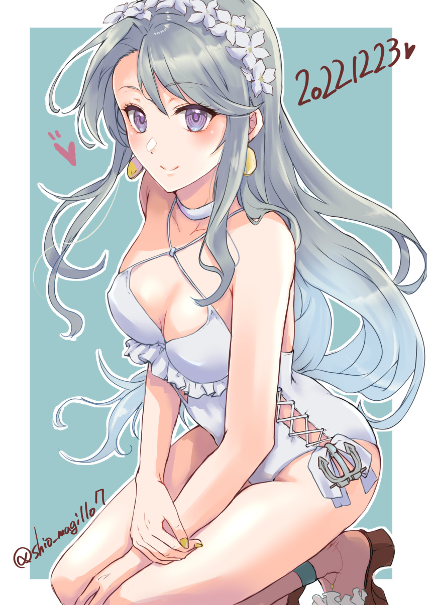 1girl absurdres anchor_ornament asymmetrical_bangs bangs casual_one-piece_swimsuit choker earrings flower food-themed_earrings frills grey_hair hair_flower hair_ornament hairband highleg highleg_swimsuit highres jewelry kantai_collection kneeling lemon_earrings long_hair official_alternate_costume one-hour_drawing_challenge one-piece_swimsuit purple_eyes sagiri_(kancolle) sandals shio_mugi1107 side-tie_swimsuit solo swept_bangs swimsuit twitter_username white_choker white_one-piece_swimsuit