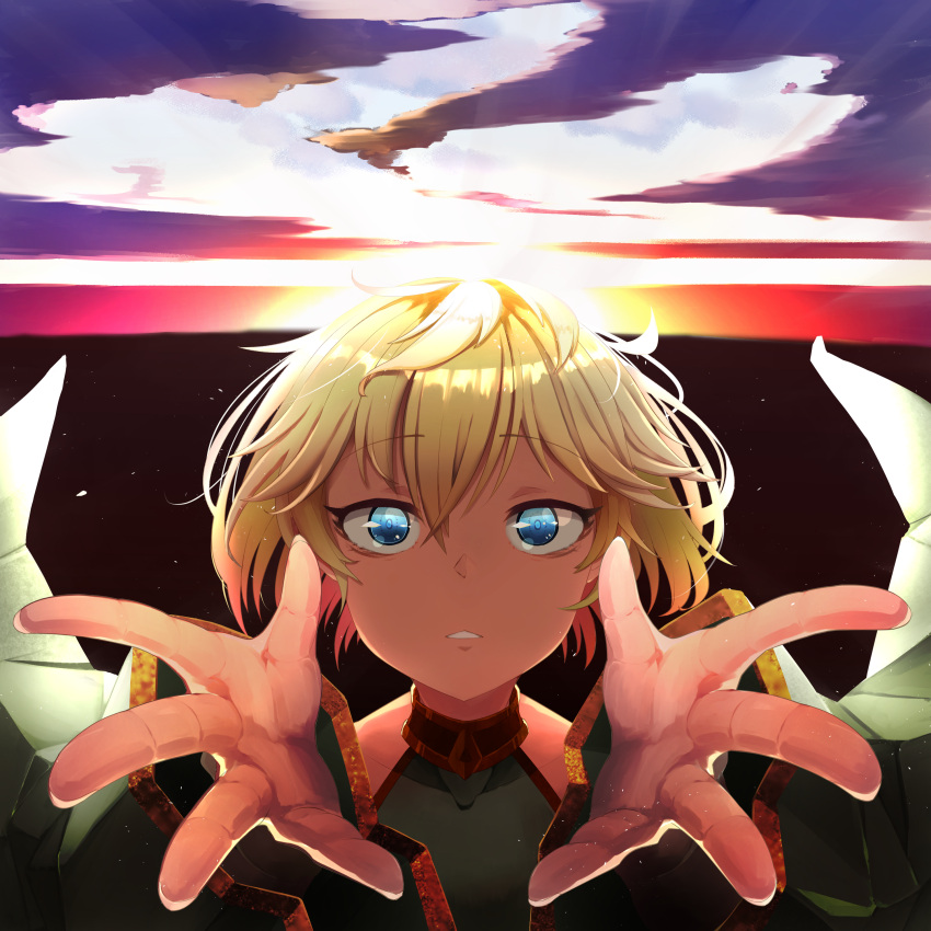 1boy absurdres androgynous bare_shoulders blonde_hair blue_eyes detached_sleeves doro9363 elona green_sleeves highres kumiromi_of_harvest looking_at_viewer medium_hair otoko_no_ko parted_lips