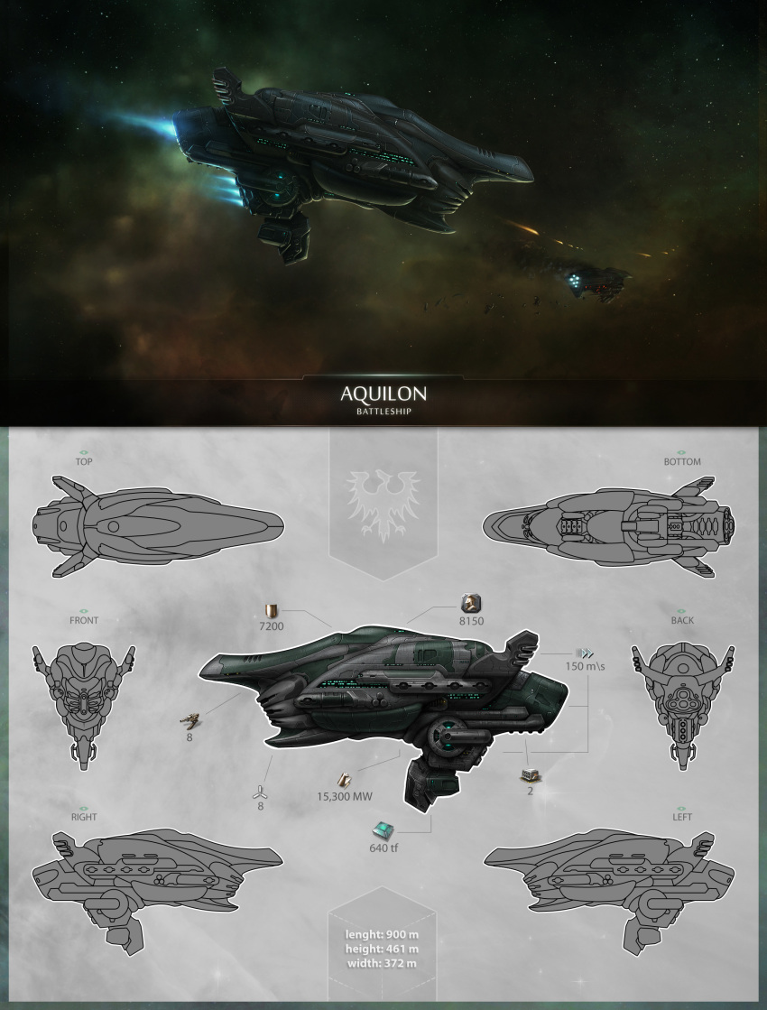 absurdres battle battleship_(eve_online) cannon commentary concept_art damaged dust_cloud english_text eve_online firing flying from_above from_behind from_below from_side gallente_federation_(eve_online) glowing highres missile_pod multiple_views no_humans original outdoors polarlex realistic science_fiction sky smoke space spacecraft star_(sky) starry_sky thrusters tracer_fire turret