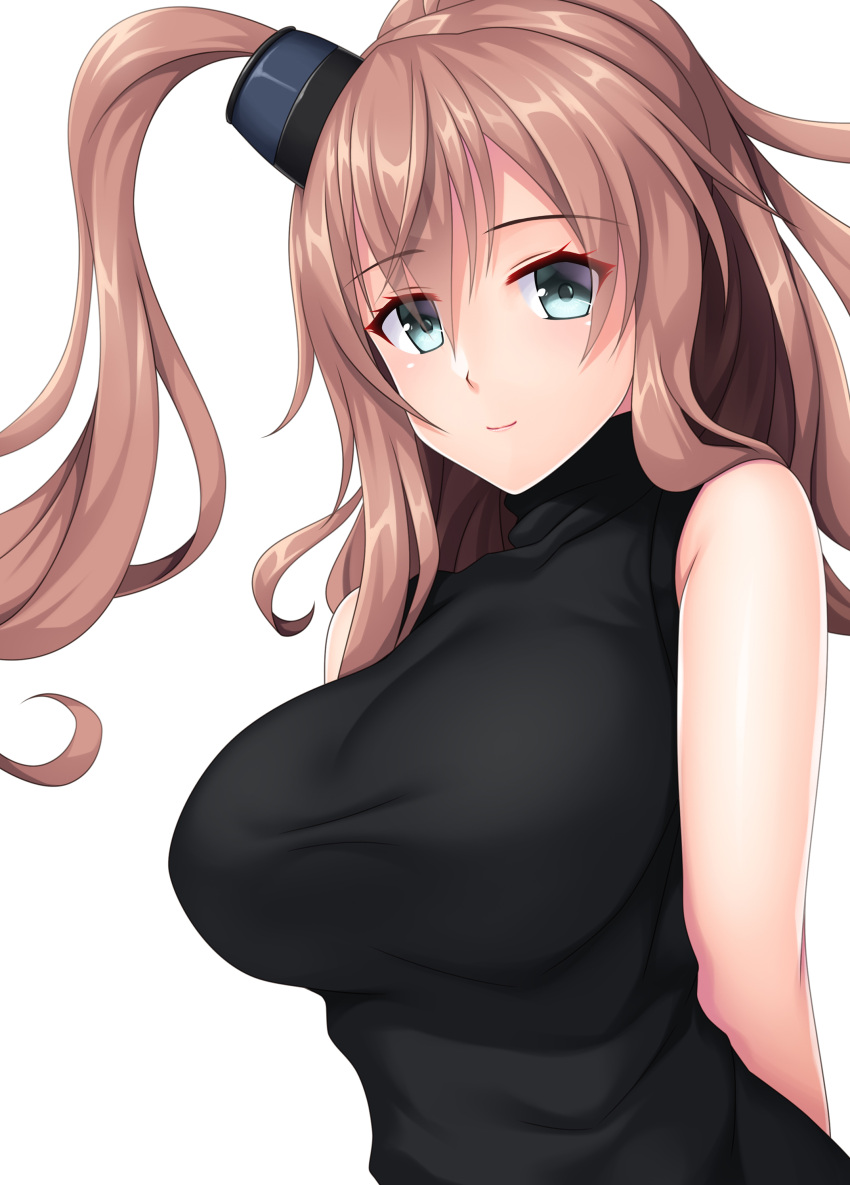 1girl absurdres arms_behind_back bangs black_dress blue_eyes blush breasts brown_hair closed_mouth dress hair_between_eyes highres kantai_collection large_breasts long_hair looking_at_viewer ruin_re_birth saratoga_(kancolle) side_ponytail simple_background sleeveless sleeveless_dress smile solo upper_body white_background