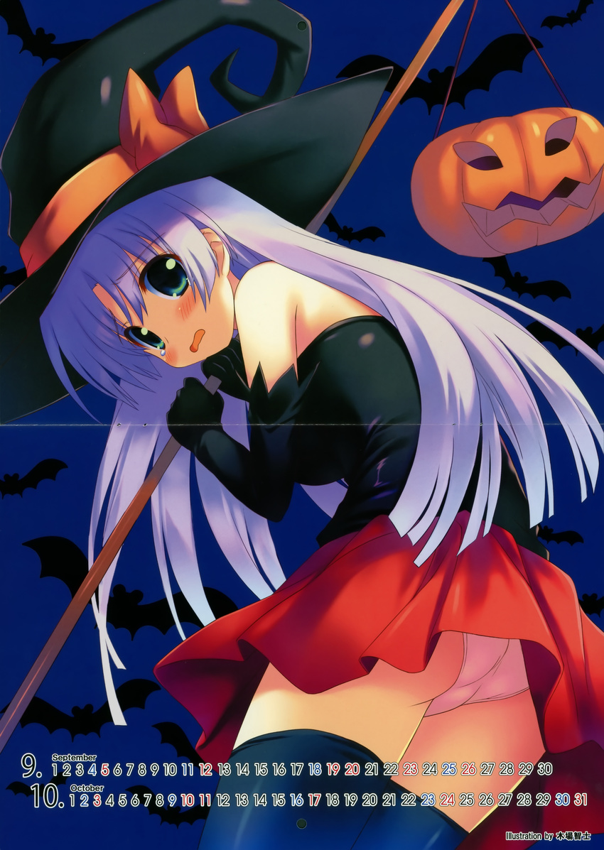 absurdres ass bat blush calendar_(medium) crease elbow_gloves from_behind gloves green_eyes halloween hat highres jack-o'-lantern kiba_satoshi long_hair looking_back original panties pantyshot pumpkin solo thighhighs underwear witch_hat