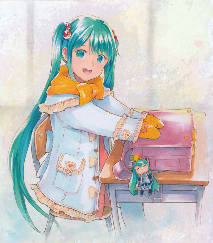 1girl :d aqua_hair backpack backpack_removed bag bow classroom coat desk eyebrows_visible_through_hair floating_hair flower frills from_side green_eyes hair_bobbles hair_ornament hatsune_miku highres indoors long_hair looking_at_viewer marker_(medium) mayo_riyo mittens open_mouth red_sweater scarf shiny shiny_hair sitting smile solo sweater traditional_media twintails very_long_hair vocaloid white_coat white_legwear winter_clothes winter_coat yellow_bow yellow_flower yellow_scarf younger