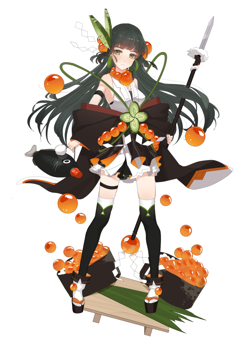 1girl absurdres armband bag black_legwear breasts brown_eyes clenched_hand cucumber_slice food_fantasy full_body handbag highres idoukunn long_hair mole mole_under_eye polearm shide simple_background small_breasts solo spear standing sushi_(food_fantasy) thigh_strap very_long_hair weapon white_background