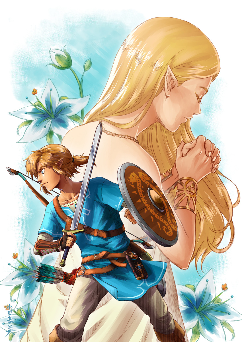 1boy 1girl absurdres armlet arrow blonde_hair blue_eyes blue_tunic bow_(weapon) bracer brown_footwear dress eyes_closed fingerless_gloves flower gloves hands_together highres holding holding_shield holding_sword holding_weapon jewelry link long_hair necklace nintendo pants pointy_ears ponytail princess_zelda quiver sheikah_slate shield standing sword the_legend_of_zelda the_legend_of_zelda:_breath_of_the_wild very_long_hair weapon white_dress yzderia