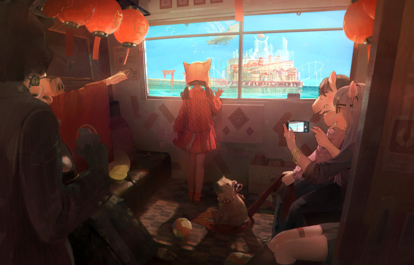 1girl aircraft airship ball bird blue_sky boar bridge brown_hair cellphone day dress flock glasses goggles hat highres idoukunn indoors kneehighs lantern nengajou new_year original paper_lantern phone profile red_dress roller_coaster scenery short_twintails sitting sky standing thighhighs torii twintails window yellow_hat