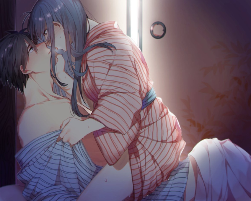 1boy 1girl backlighting black_hair blue_eyes blue_hair blue_kimono brown_eyes chidori_kaname collar couple eye_contact floating_hair from_side full_metal_panic! girl_on_top hair_between_eyes hetero imminent_kiss japanese_clothes jugemu57107754 kimono long_hair looking_at_another open_clothes open_kimono open_mouth red_kimono sagara_sousuke striped striped_kimono sweatdrop thighs yukata