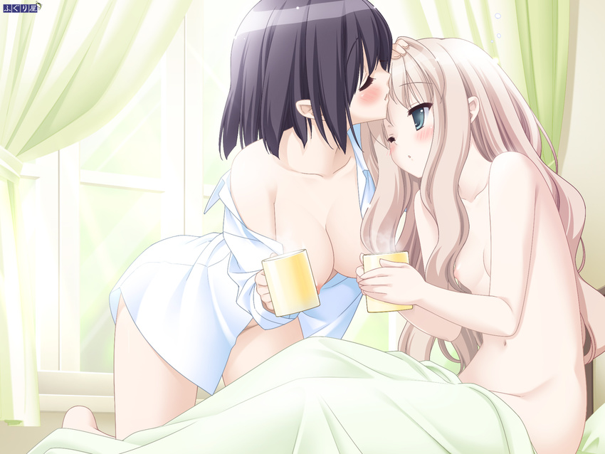 bed blonde_hair blue_eyes blush breasts dress_shirt hands highres kawamura_reo large_breasts legs long_hair multiple_girls nipples peko pillow purple_hair sawaguchi_mai shirt short_hair small_breasts sono_hanabira_ni_kuchizuke_wo yuri